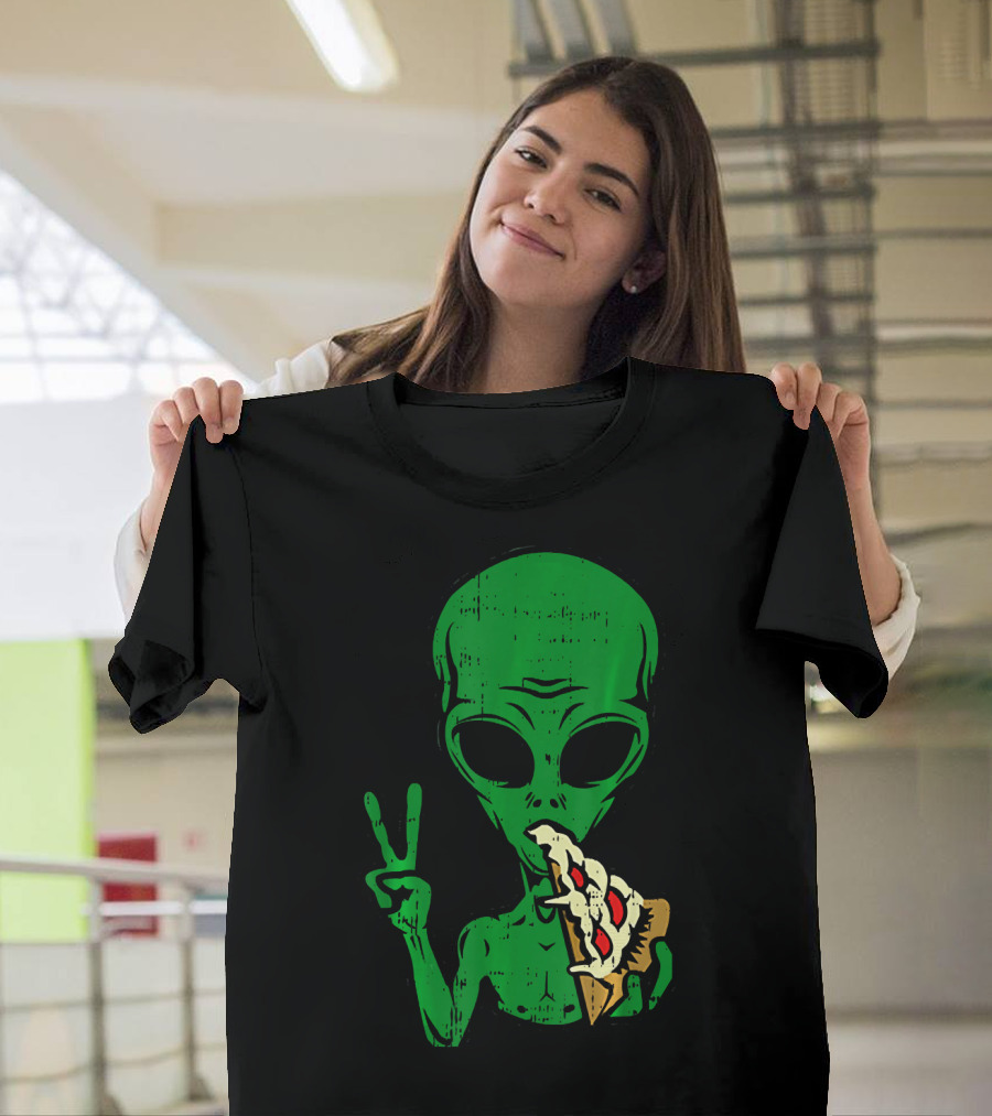 Alien Pizza Eating Peace Funny Space Are T-Shirt