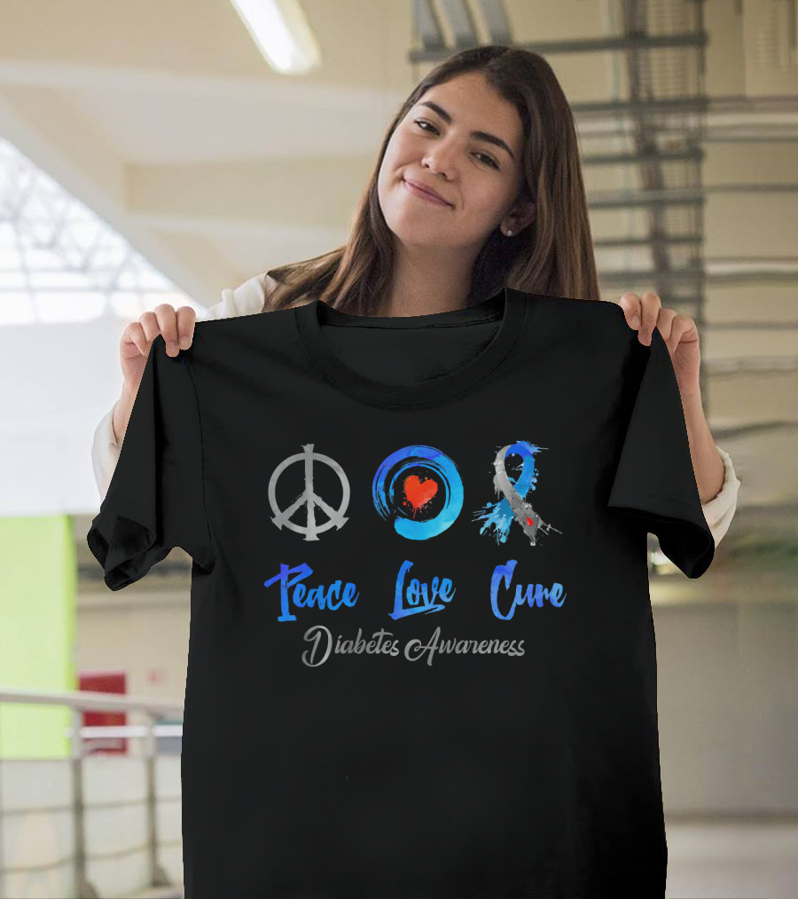 Peace Love Cure Diabetes Awareness Grey Blue T-Shirt