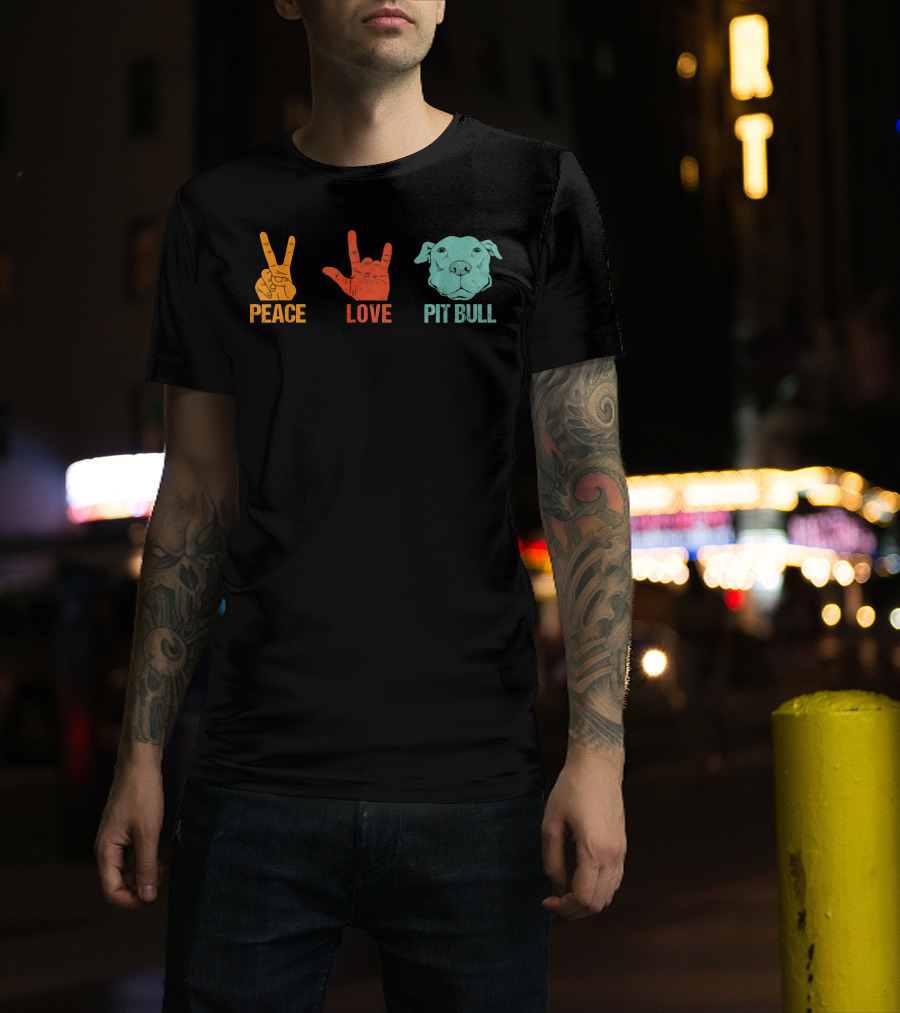 Peace Love Pit Bull Vintage Hand Signs Dog T-Shirt