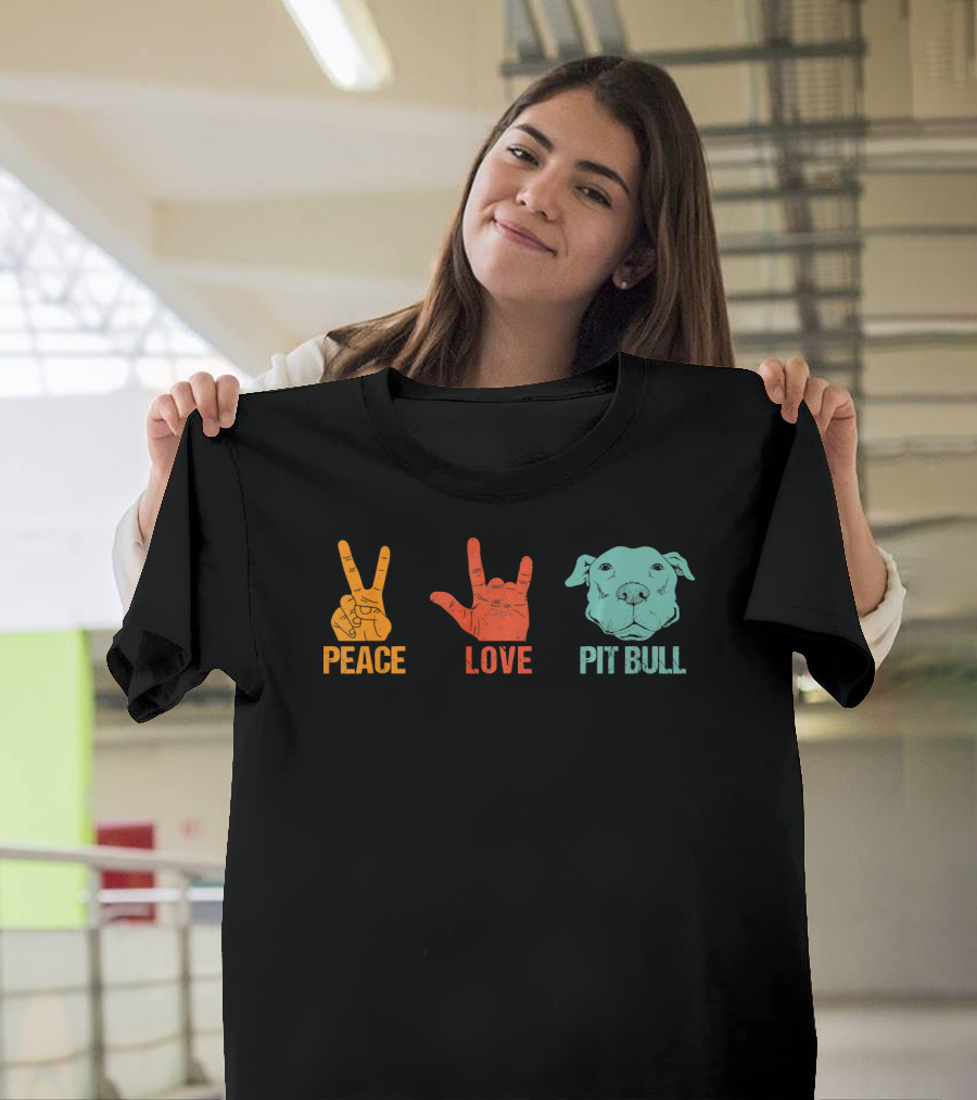Peace Love Pit Bull Vintage Hand Signs Dog T-Shirt