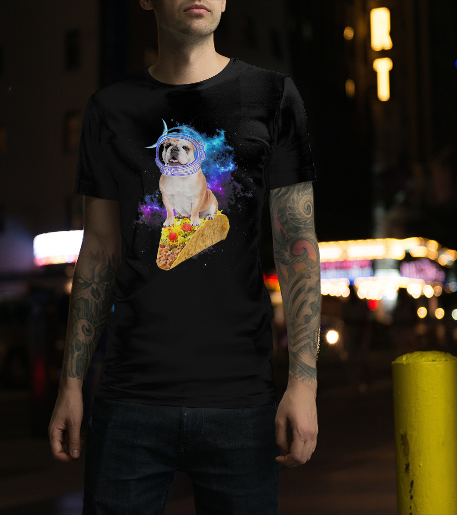 Space English Bulldog Astronaut Riding Taco In Galaxy T-Shirt
