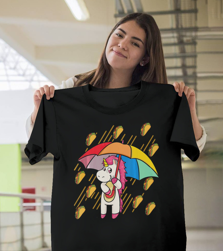 Raining Tacos Unicorn With Rainbow Umbrella T-Shirt