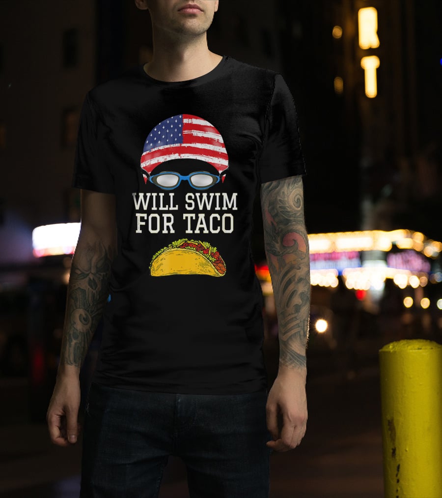 Will Swim For Taco Funny Swimming Goggles American Flag Cap T-Shirt