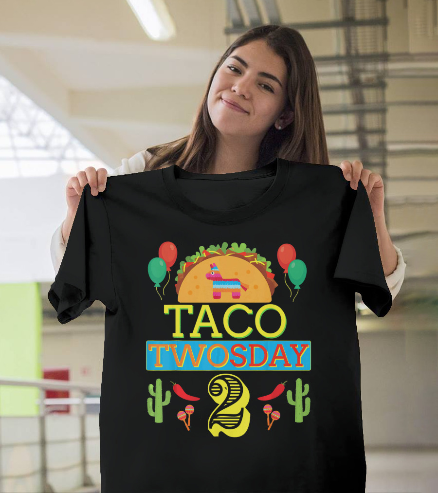 Taco Twosday Birthday Two Year Celebration with Piñata and Cactus T-Shirt