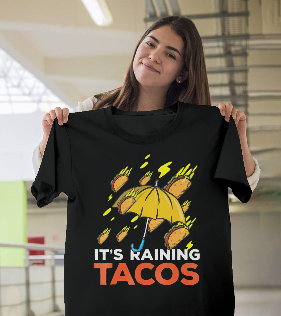 It's Raining Tacos Fun with Yellow Umbrella and Flying Tacos T-Shirt