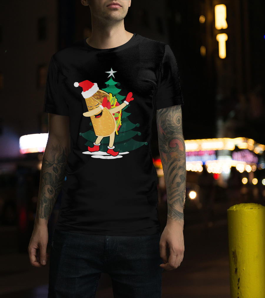 Dabbing Taco Christmas Santa Hat And Tree T-Shirt