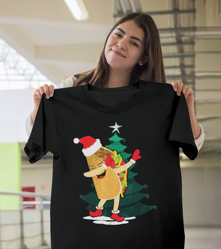 Dabbing Taco Christmas Santa Hat And Tree T-Shirt