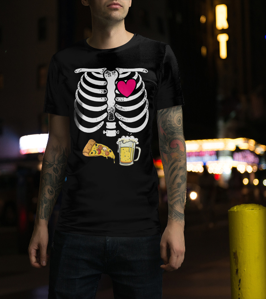 Skeleton Heart Pizza And Beer Xray T-Shirt