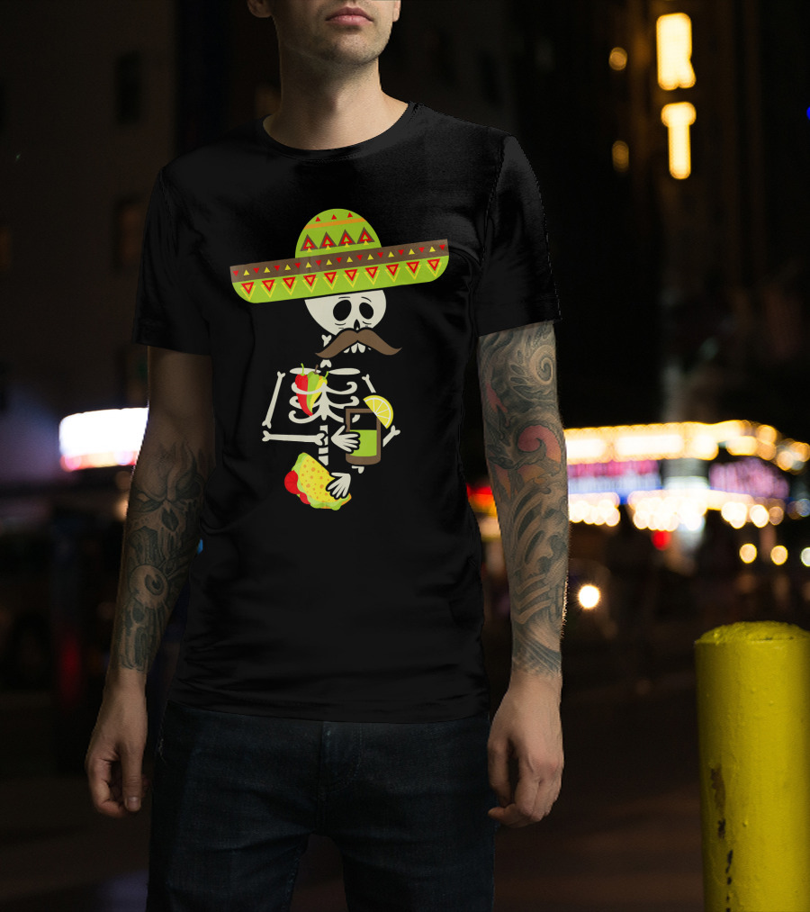 Mexican Skeleton Sombrero Holding Tequila Chili Tacos T-Shirt