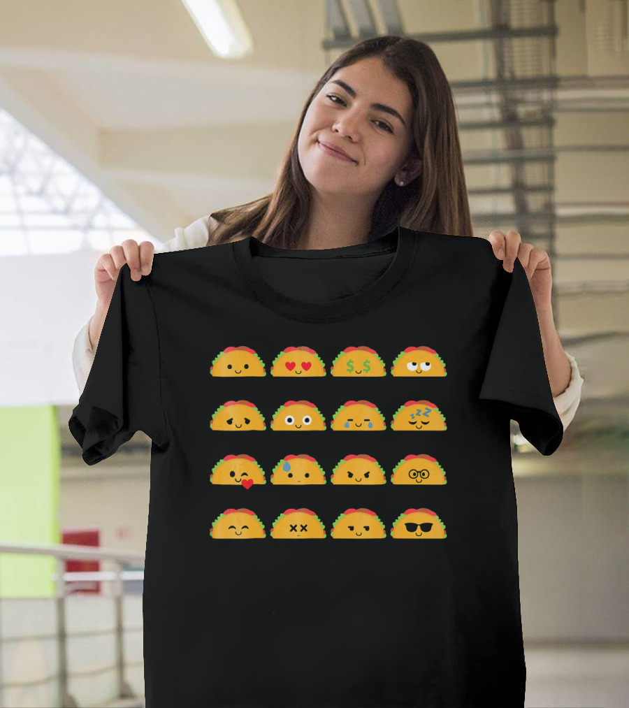 Taco Emoji Faces With Heart Eyes, Money, Glasses, Sunglasses, And Sleepy Expressions T-Shirt