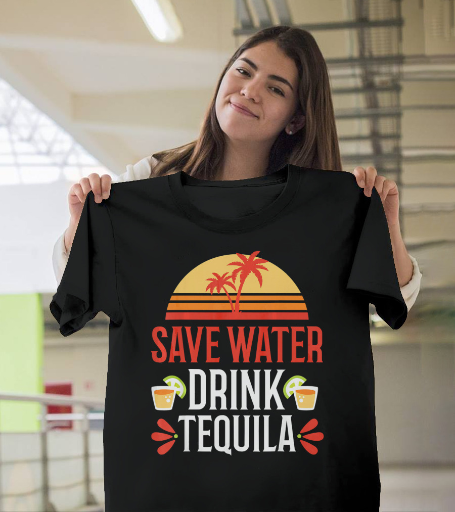 Save Water Drink Tequila Mexican Palm Sunset Lime T-Shirt