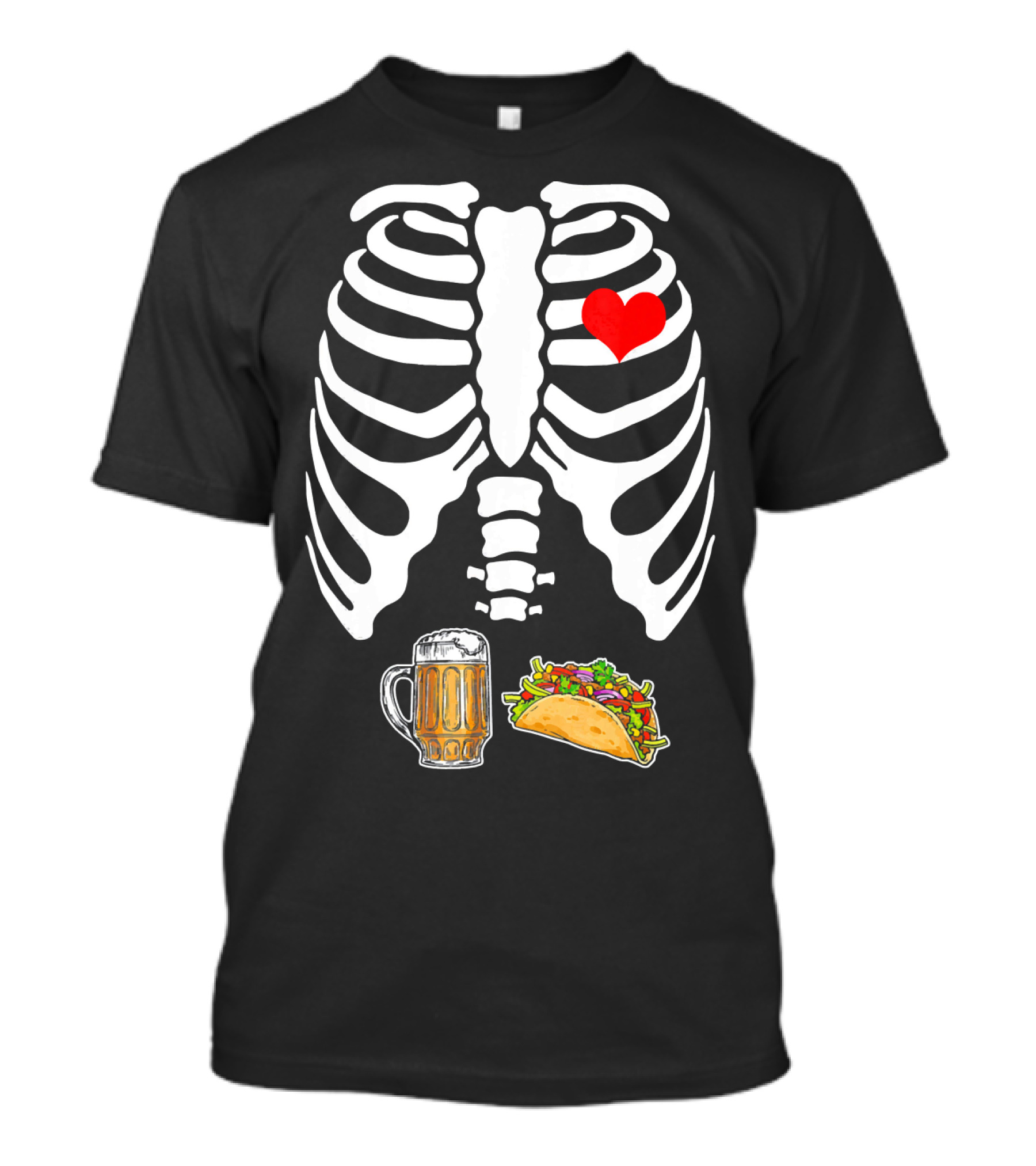 Pregnant Skeleton With Heart, Tacos, And Beer T-Shirt