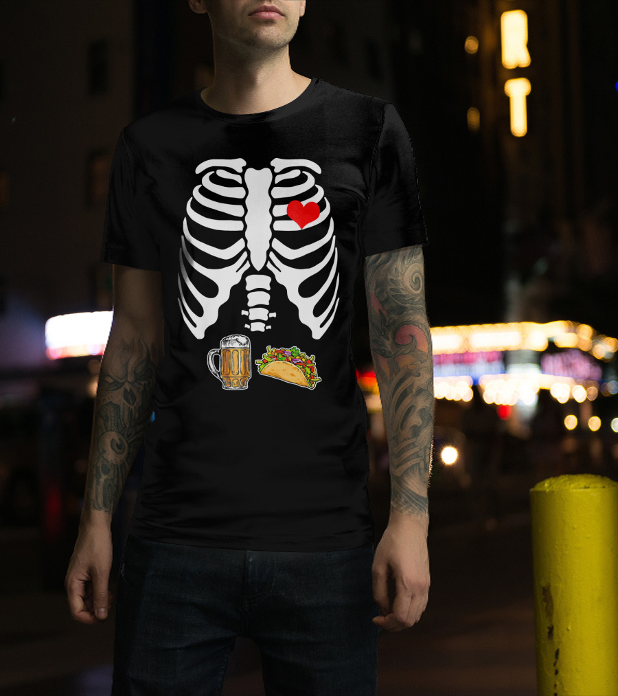 Pregnant Skeleton With Heart, Tacos, And Beer T-Shirt