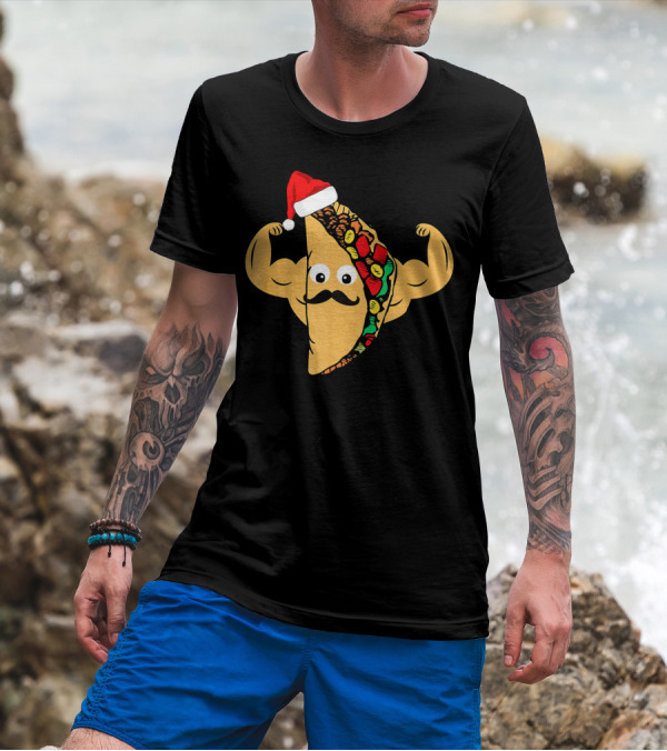 Funny Taco With Santa Hat And Mustache Flexing Muscles Family T-Shirt