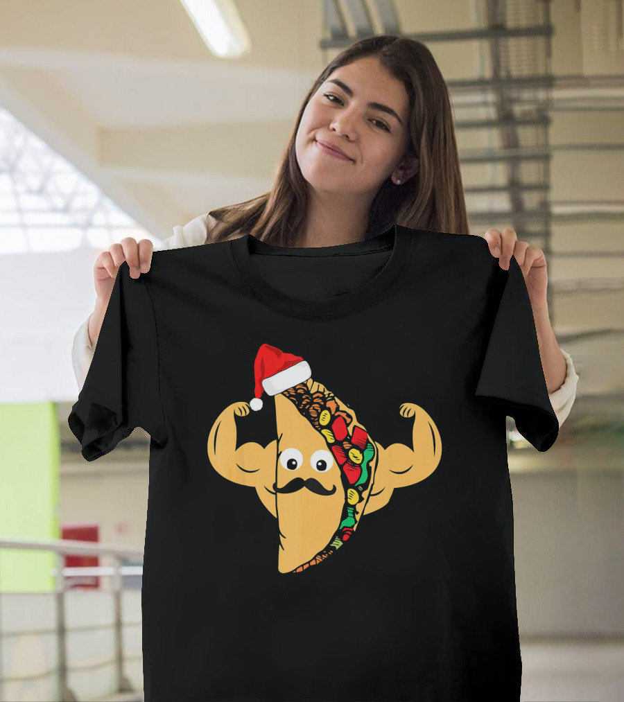 Funny Taco with Santa Hat and Mustache Flexing Muscles Family T-Shirt