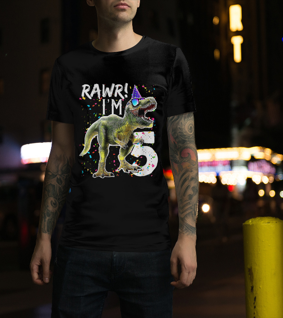 Rawr I'm 5 Dinosaur Birthday Party Hat Confetti T-Shirt