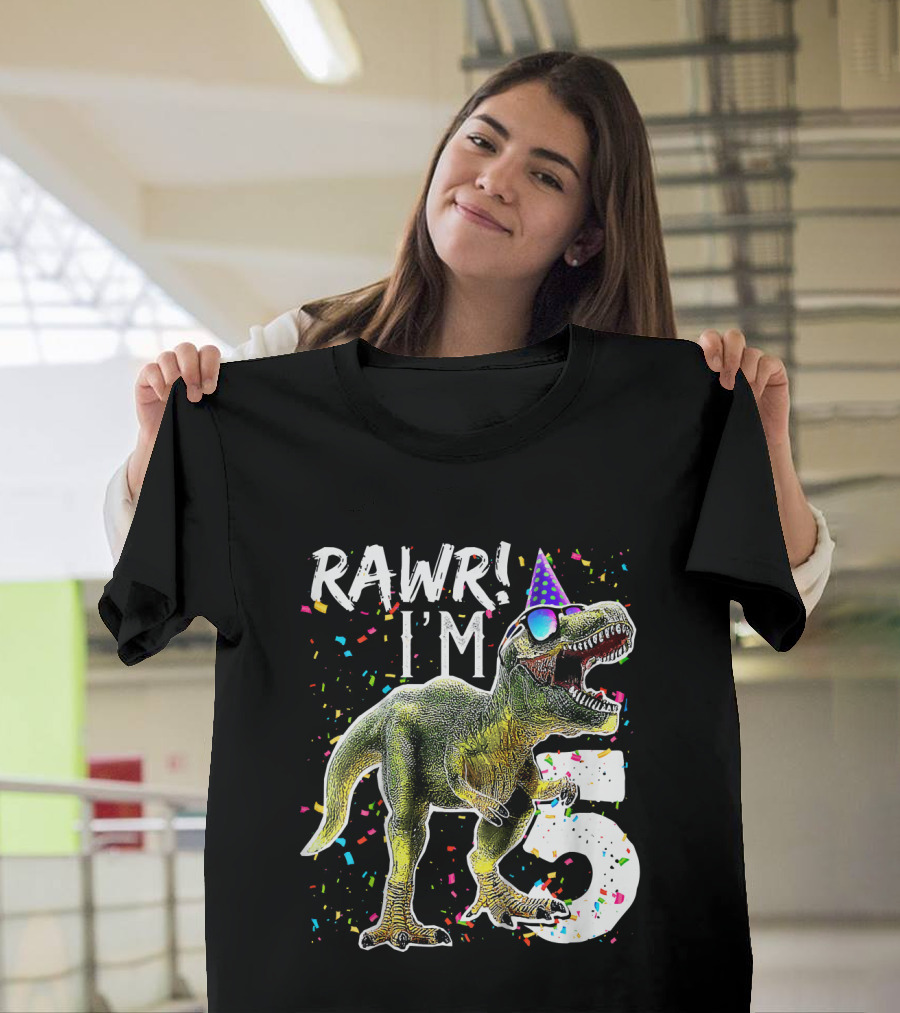 Rawr I'm 5 Dinosaur Birthday Party Hat Confetti T-Shirt