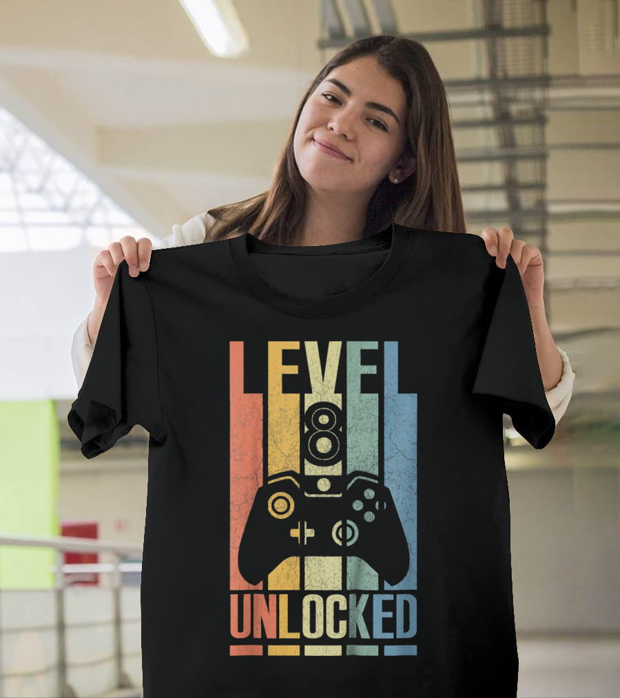 Level 8 Unlocked Video Game Controller Kids Retro Gaming T-Shirt