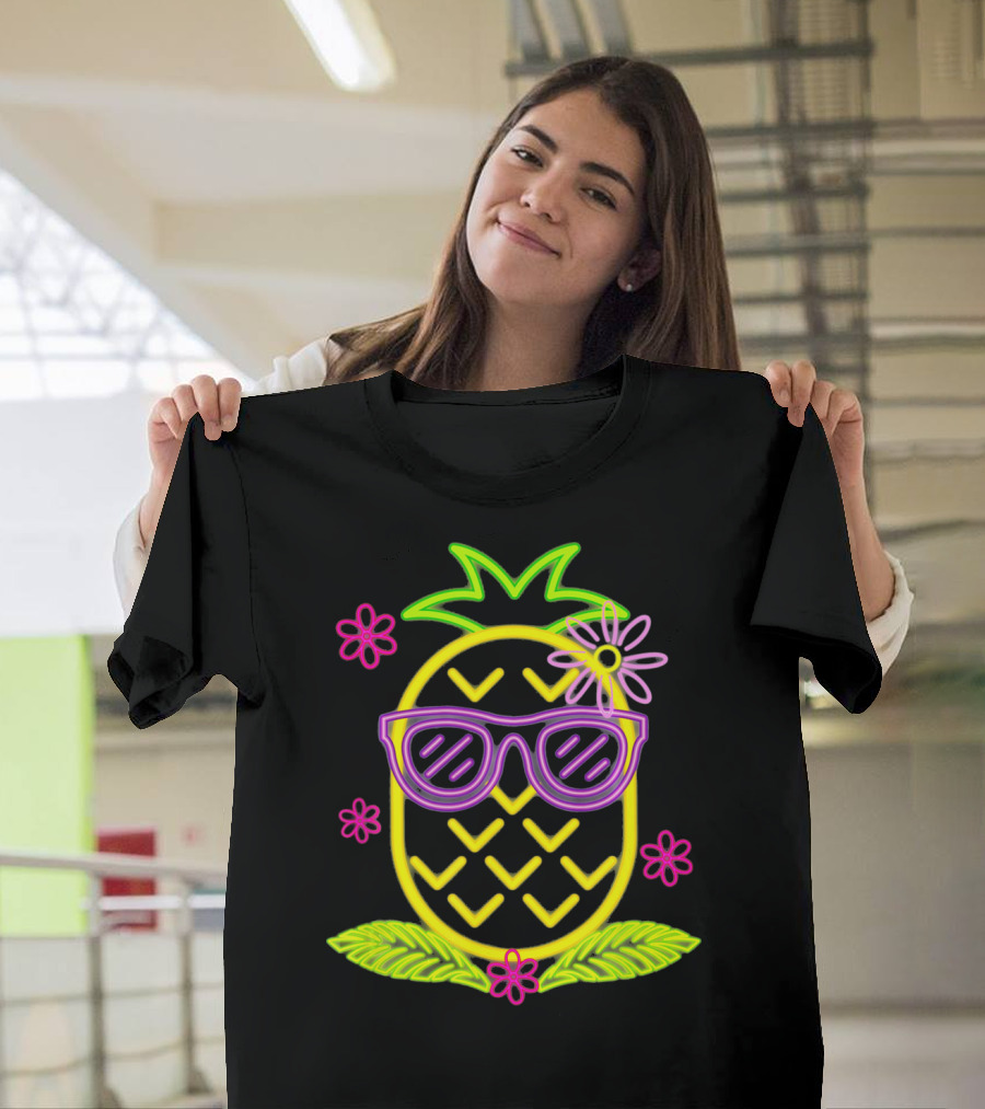 Neon Pineapple With Sunglasses And Flowers Luau Party Vibes T-Shirt