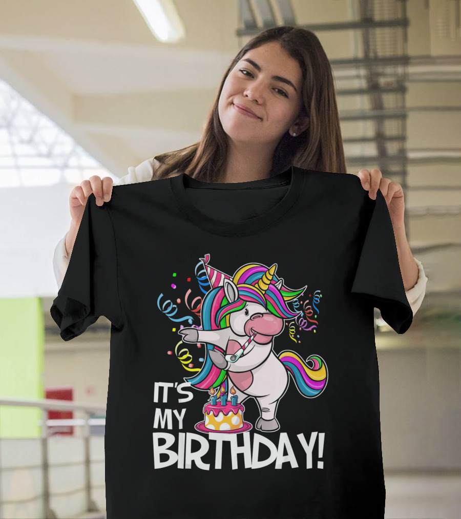 IT'S MY BIRTHDAY Flossing Unicorn Party with Cake and Confetti T-Shirt