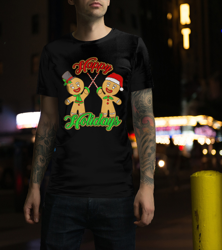 Happy Holidays Gingerbread Men Fencing With Candy Canes T-Shirt