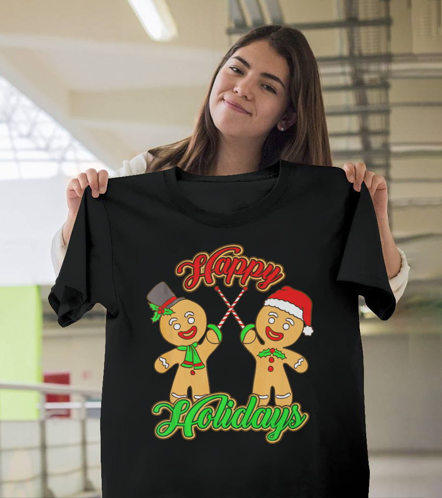 Happy Holidays Gingerbread Men Fencing with Candy Canes T-Shirt