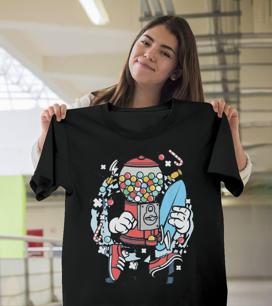 Cartoon Candy Machine with Surfboard and Sneakers Adventure T-Shirt