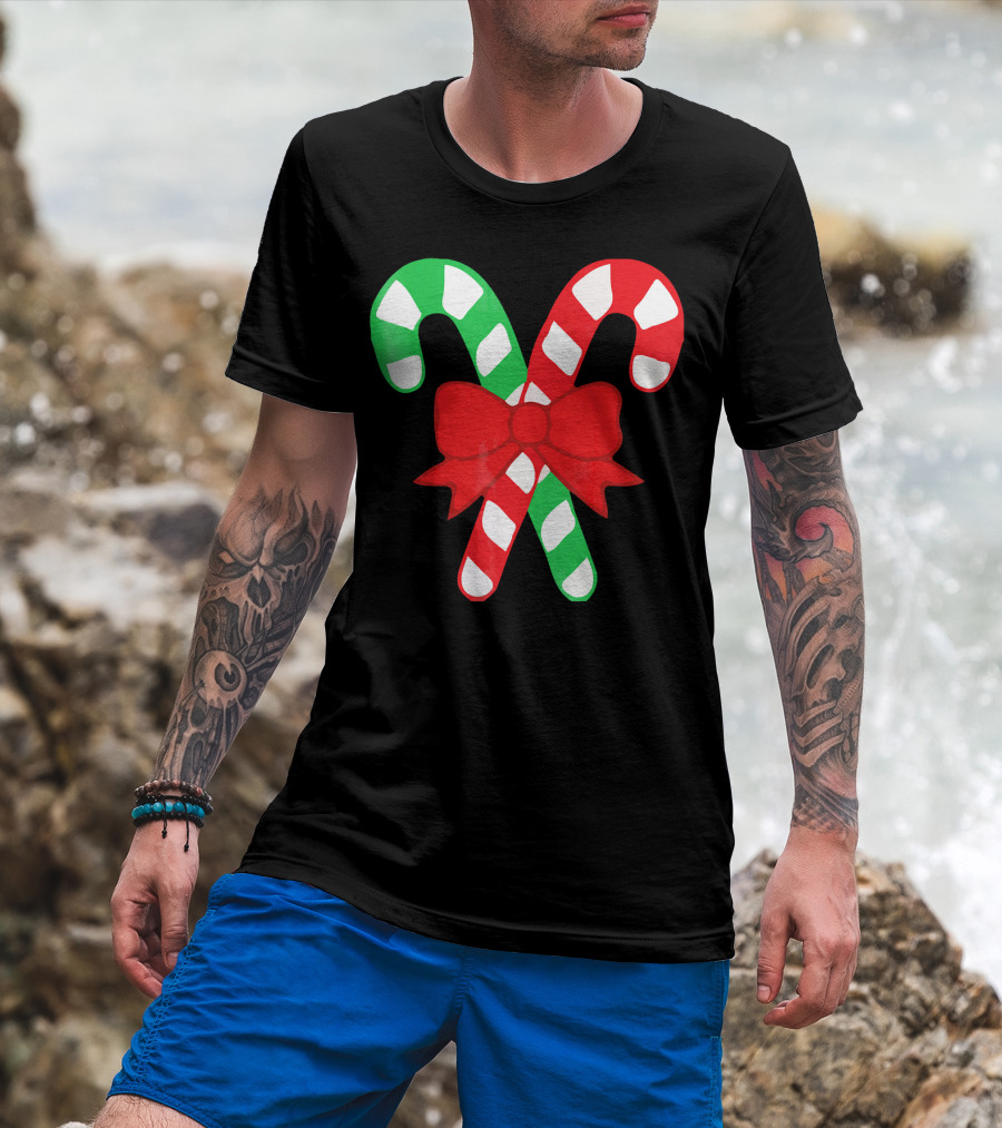 Candy Canes Christmas Holiday Red Bow Iconic Symbols T-Shirt