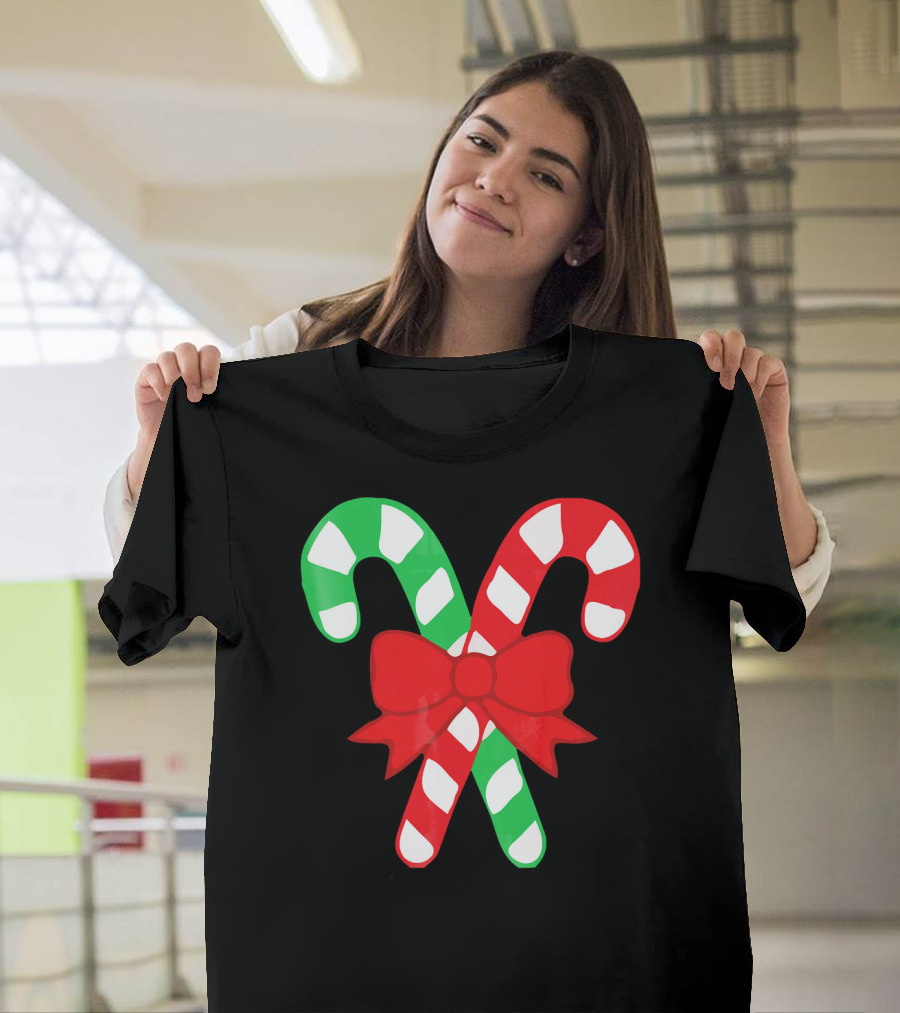 Candy Canes Christmas Holiday Red Bow Iconic Symbols T-Shirt