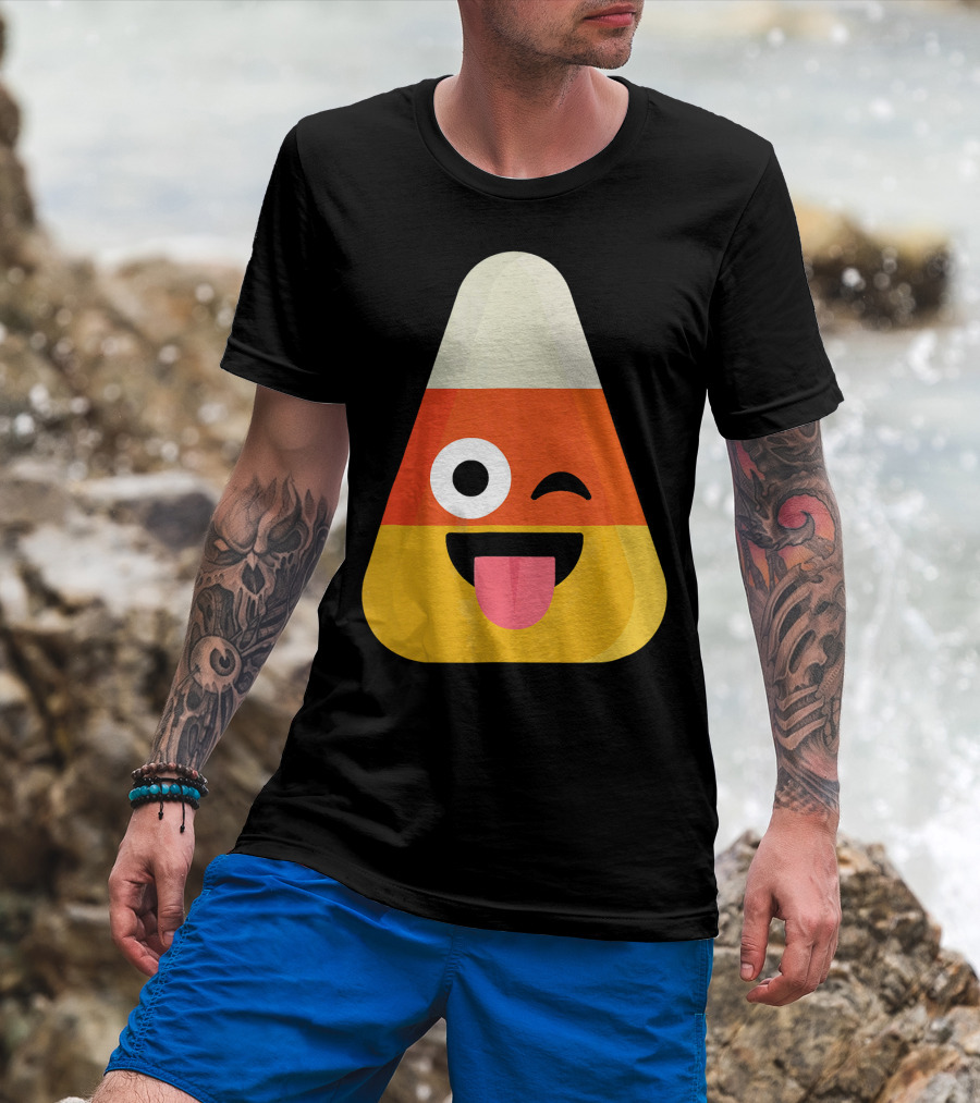 Candy Corn Emoji Wink Tongue Out Face T-Shirt