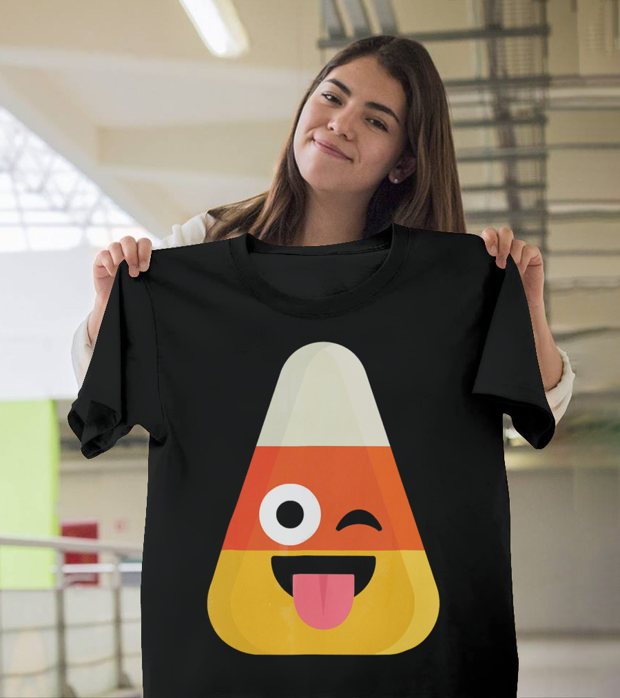 Candy Corn Emoji Wink Tongue Out Face T-Shirt