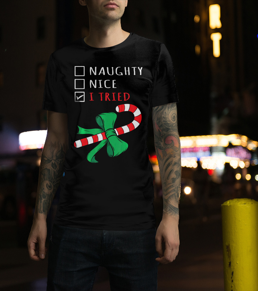 Naughty Nice I Tried Candy Cane Bow T-Shirt