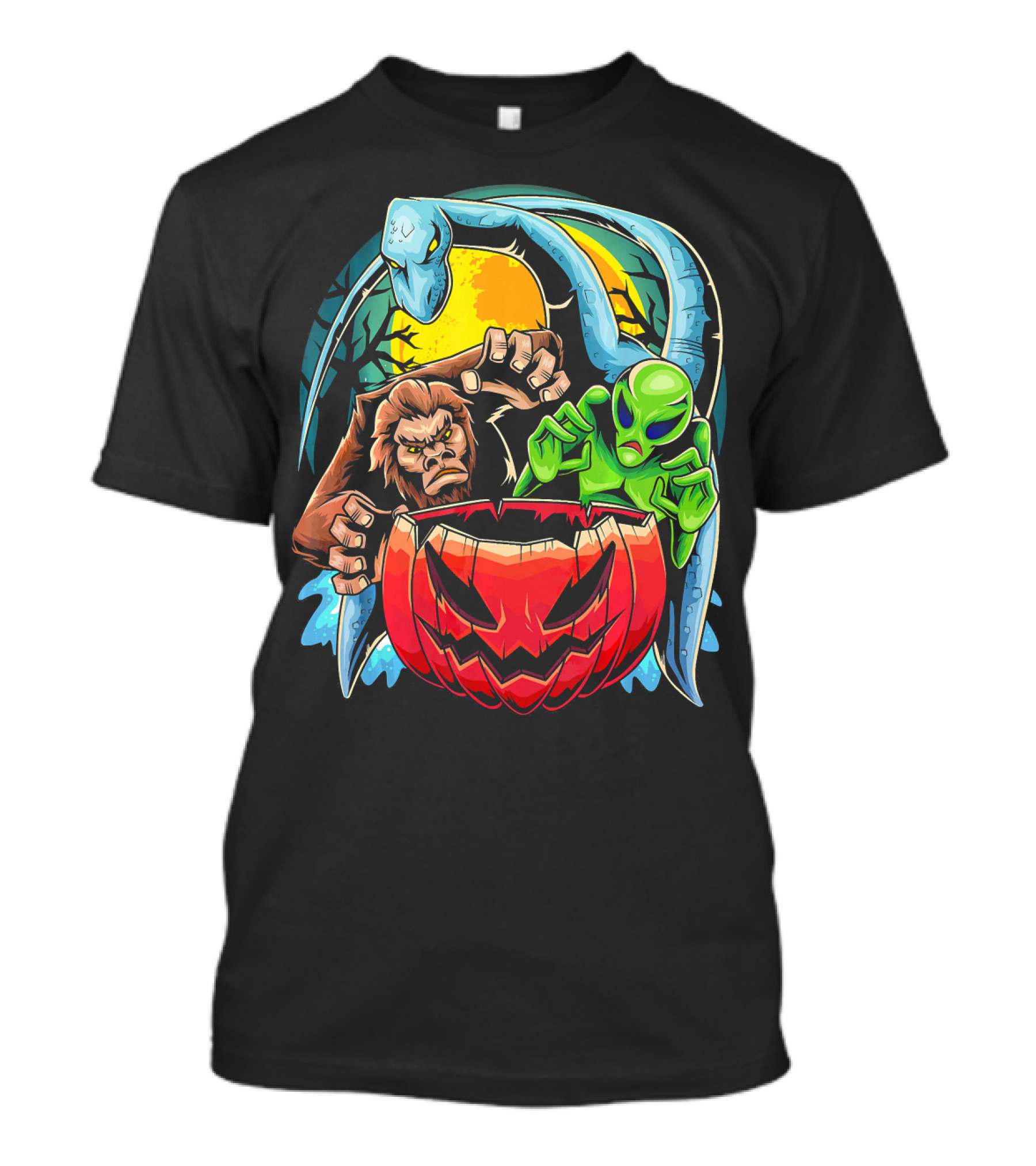 Bigfoot The Loch Ness Monster Alien With Pumpkin Halloween Scene T-Shirt