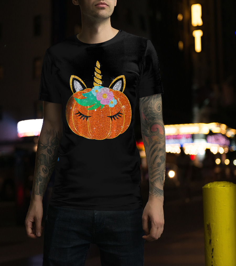 Sparkly Unicorn Pumpkin Halloween T-Shirt