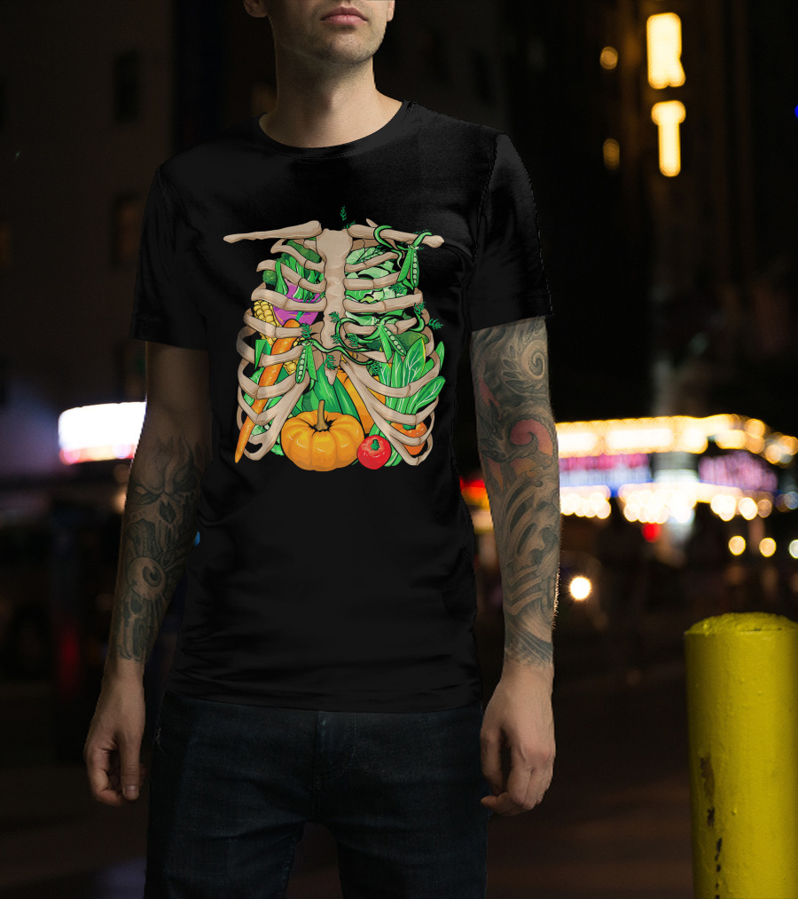Cool Vegetable Skeleton Halloween Costume Vegetables Ribs Pumpkin Peas Corn Carrot T-Shirt