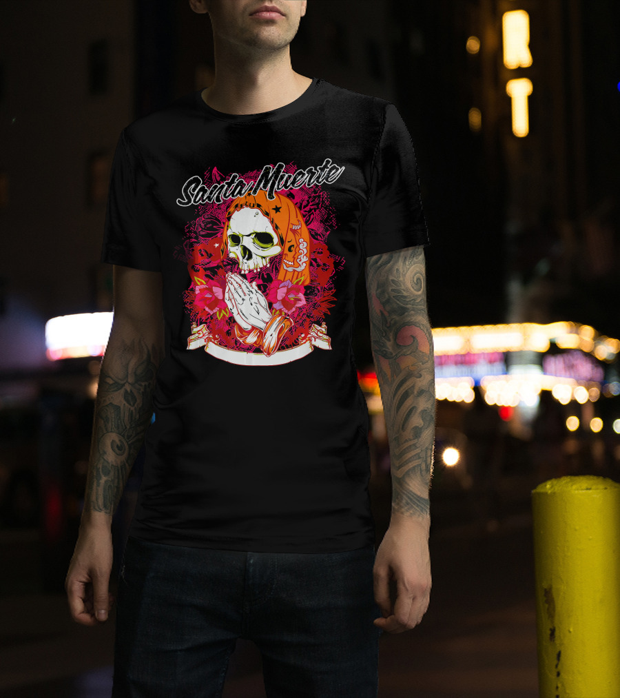 Santa Muerte Mexican Day Of The Dead Praying Skull With Flowers T-Shirt