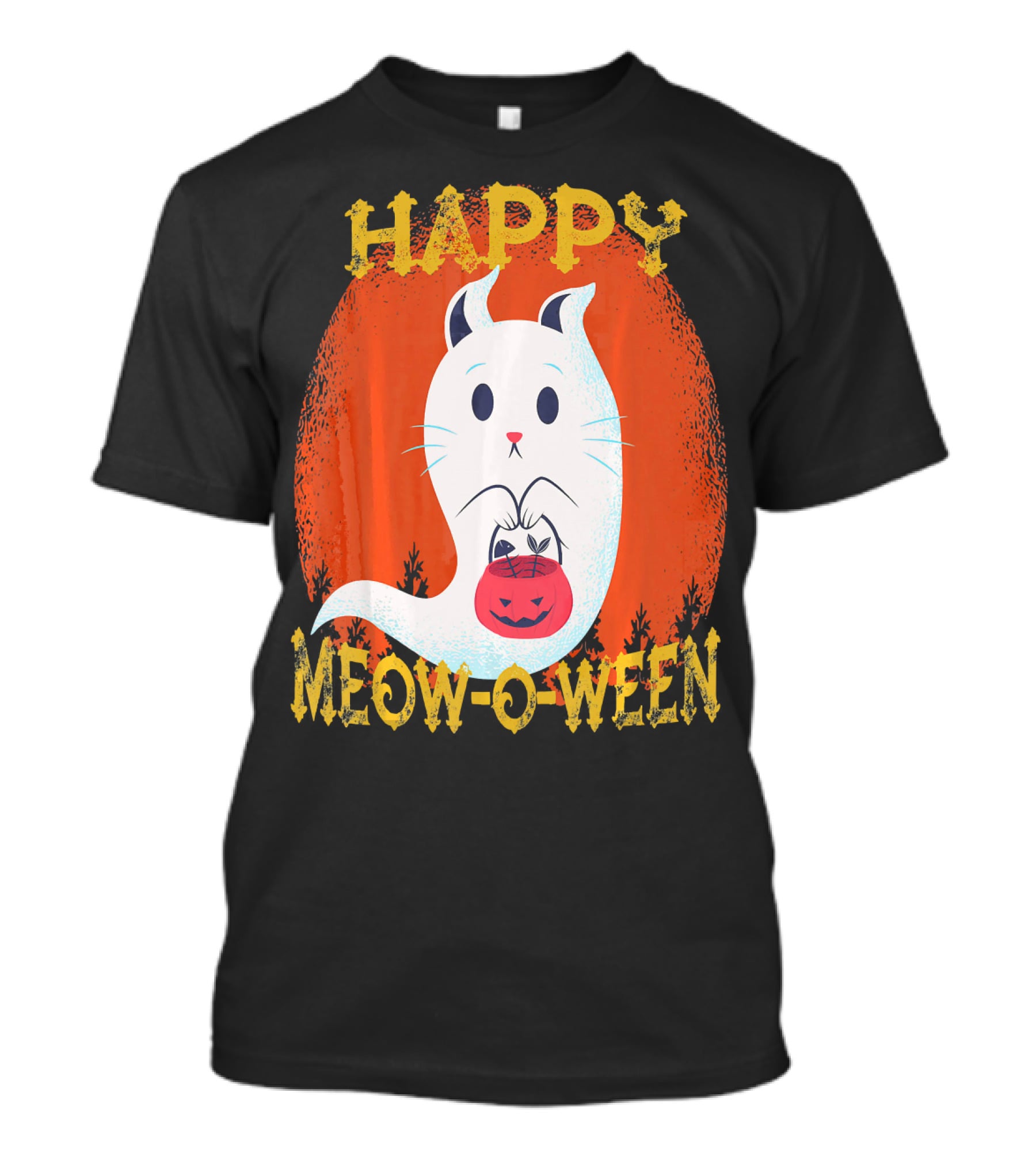 Happy Meow O Ween Cat Ghost With Pumpkin Bag T-Shirt