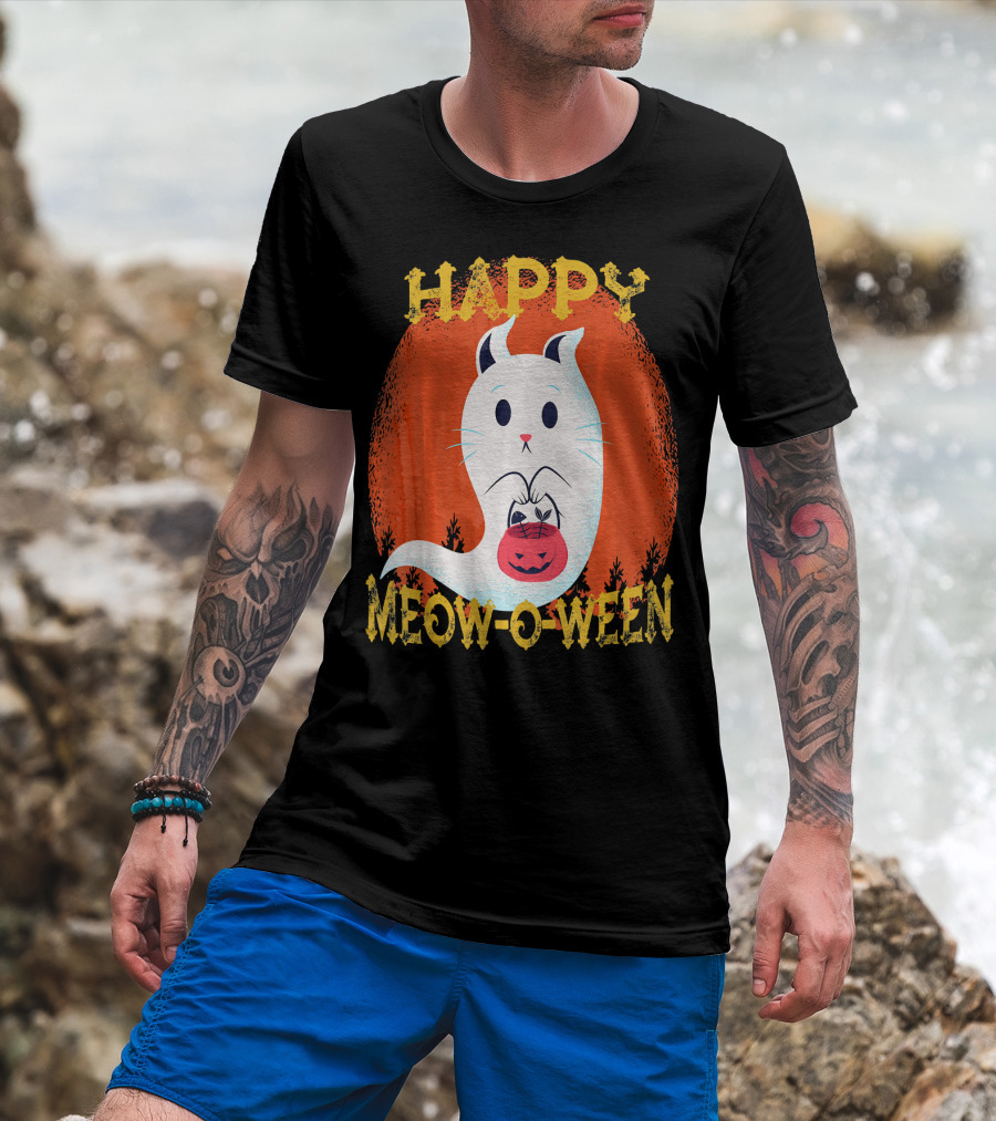 Happy Meow O Ween Cat Ghost With Pumpkin Bag T-Shirt