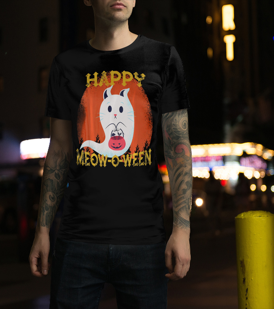 Happy Meow O Ween Cat Ghost With Pumpkin Bag T-Shirt
