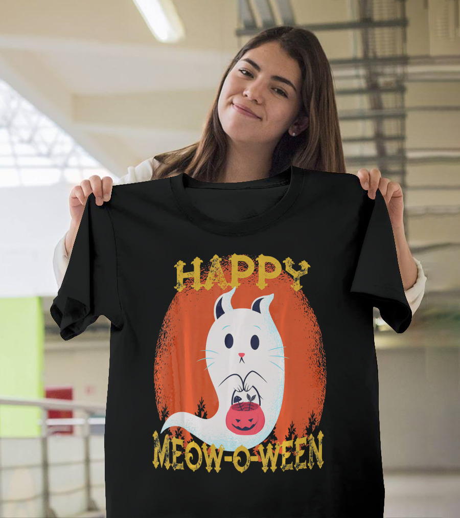 Happy Meow O Ween Cat Ghost With Pumpkin Bag T-Shirt