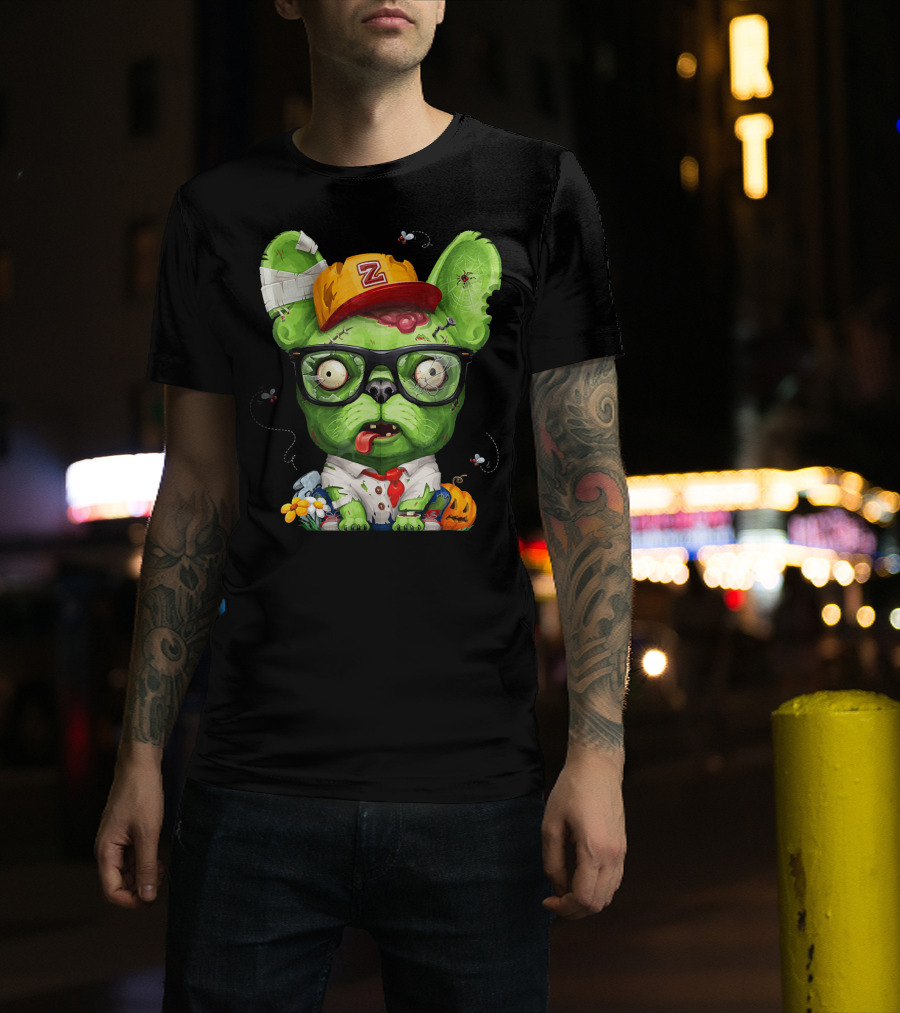 French Bulldog Wearing Zombie Glasses Halloween Hat T-Shirt