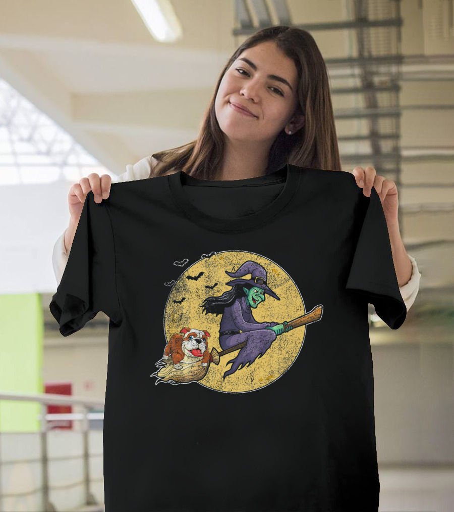 Halloween Witch Bulldog Dog Lovers Flying Grunge Full Moon Scene T-Shirt