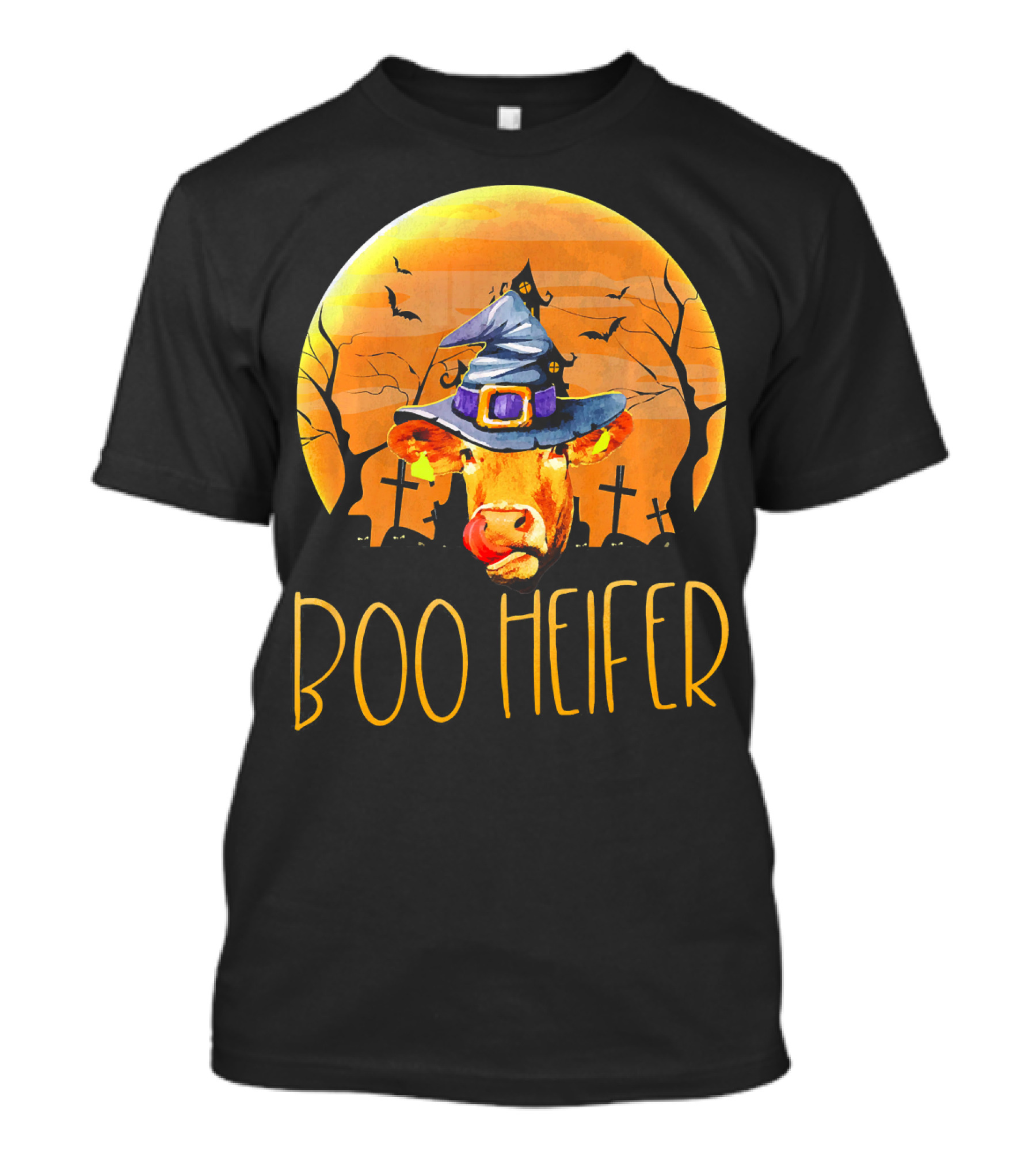 Boo Heifer Halloween Cow In Witch Hat With Graveyard And Bats T-Shirt