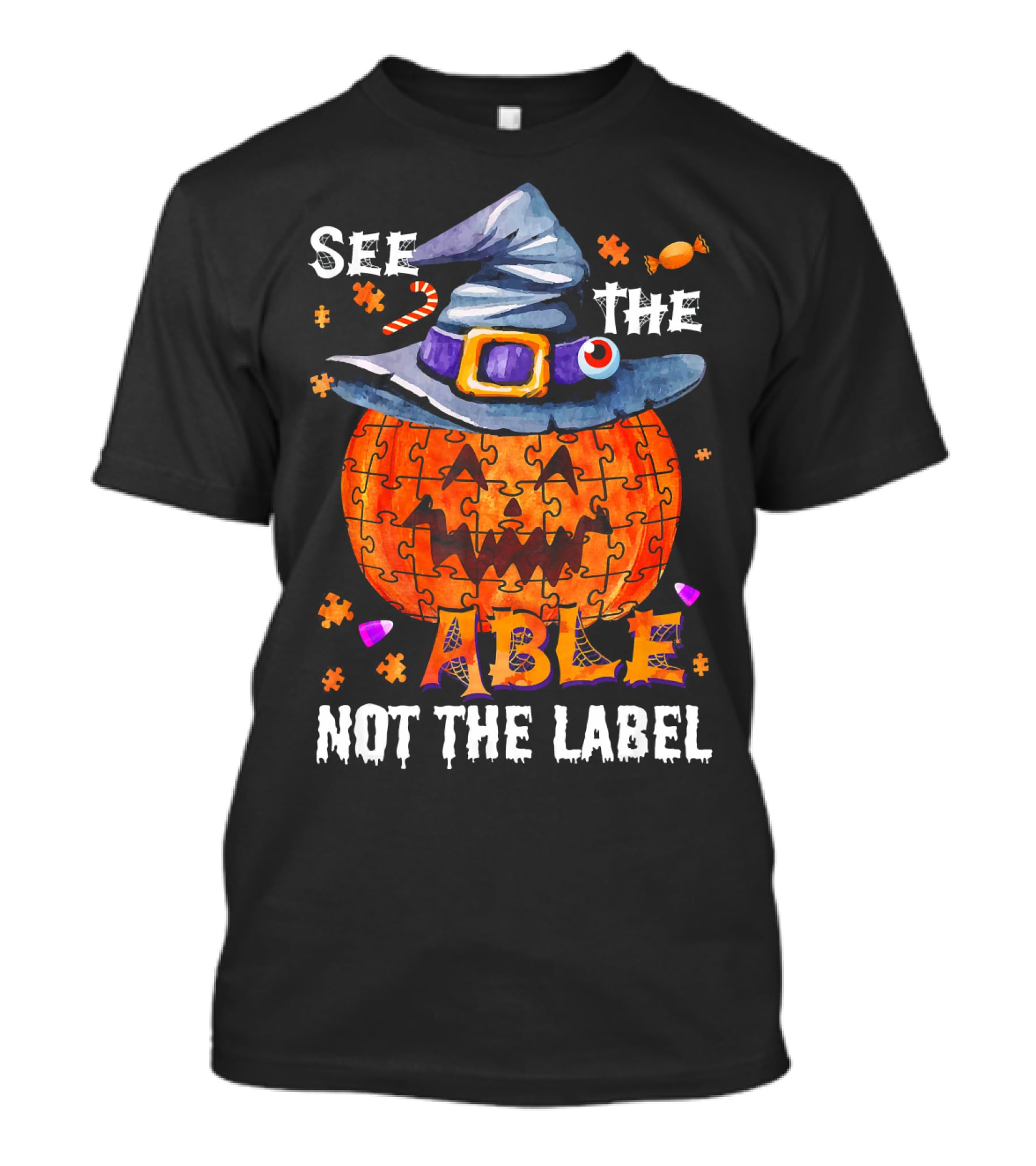 See The Able Not The Label Autism Awareness Halloween Pumpkin Puzzle Hat T-Shirt
