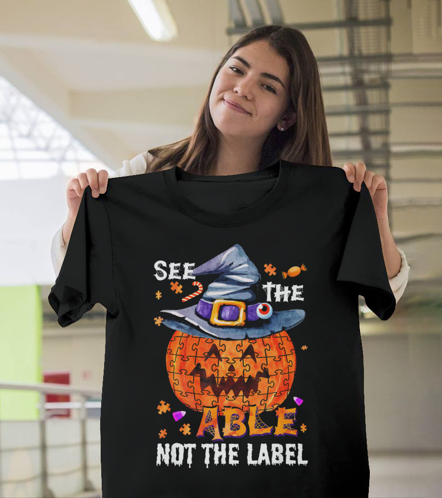 See The Able Not The Label Autism Awareness Halloween Pumpkin Puzzle Hat T-Shirt