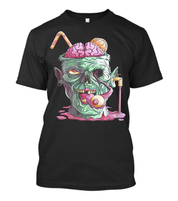 Zombie Face Brain Halloween Zombies Straw Brain Drink Eyeball Tongue T-Shirt