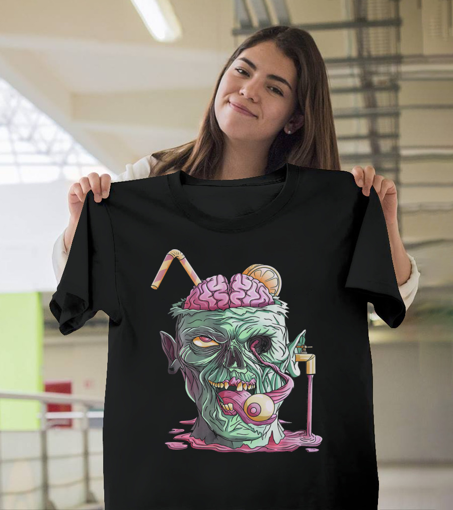 Zombie Face Brain Halloween Zombies Straw Brain Drink Eyeball Tongue T-Shirt