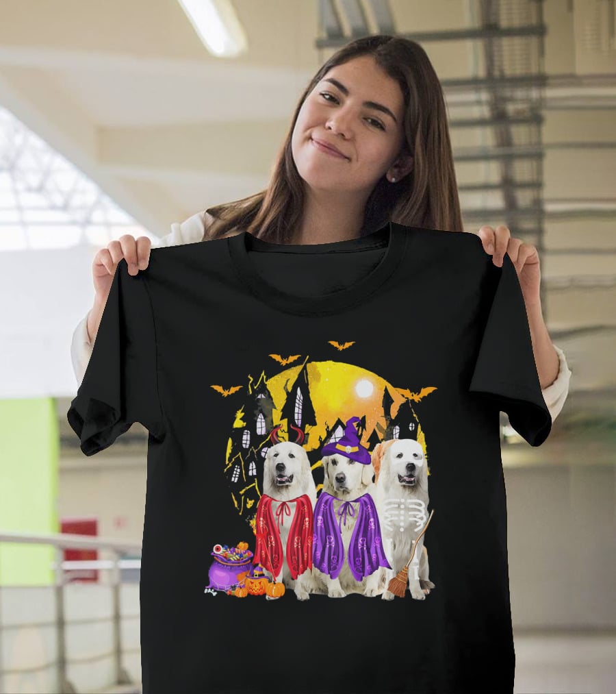 Great Pyrenees Dog Family Of Three Halloween Costumes Moonlit Night T-Shirt