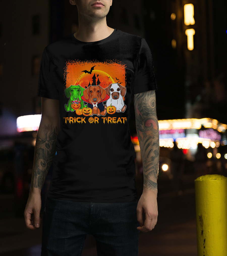 Halloween Dachshund Trio Trick Or Treat With Pumpkins And Moon Background T-Shirt
