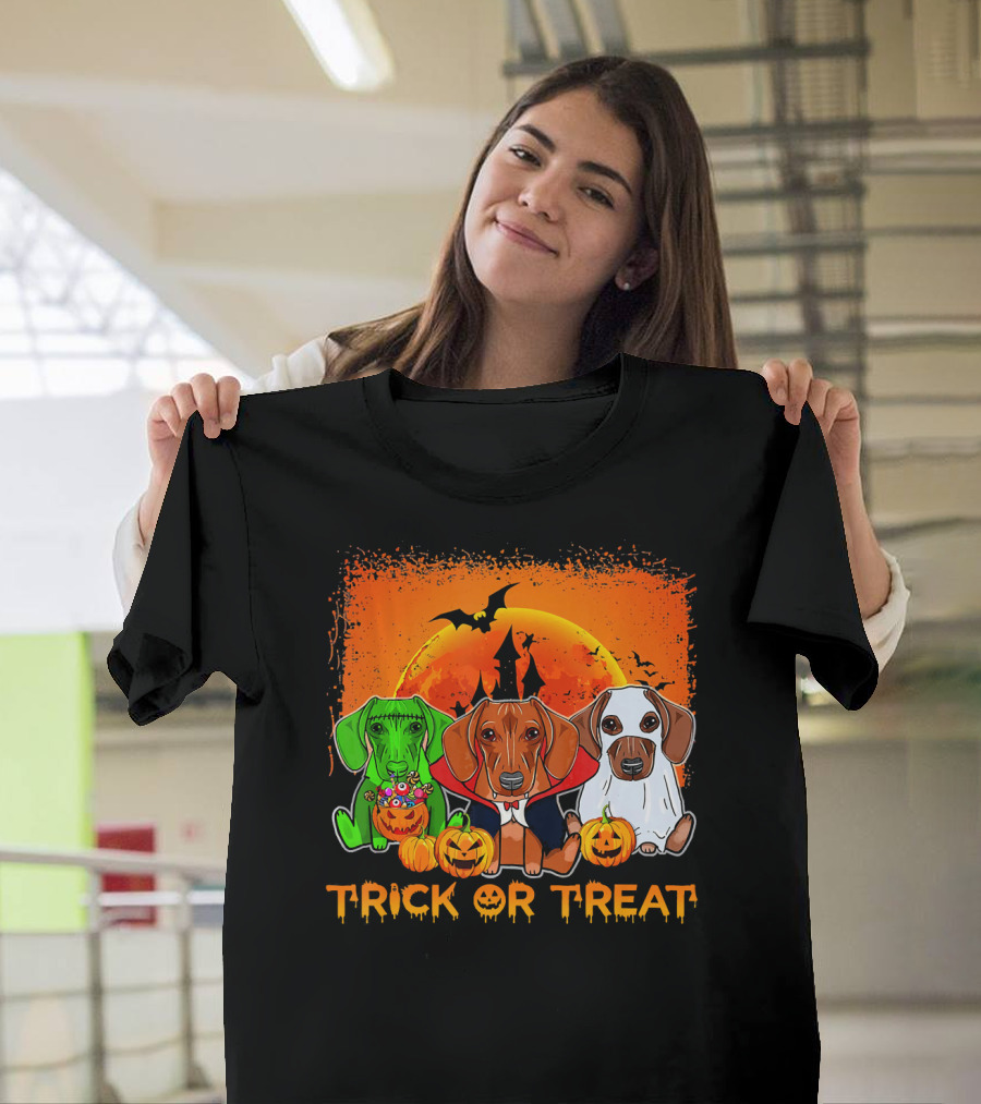 Halloween Dachshund Trio Trick Or Treat With Pumpkins And Moon Background T-Shirt